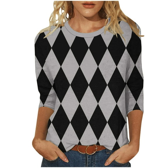 Plus Size 3/4 Sleeve Tops for Women Trendy Geometric Print Colorblock Crew Neck Base Tee Casual Tshirts (S, Gray)