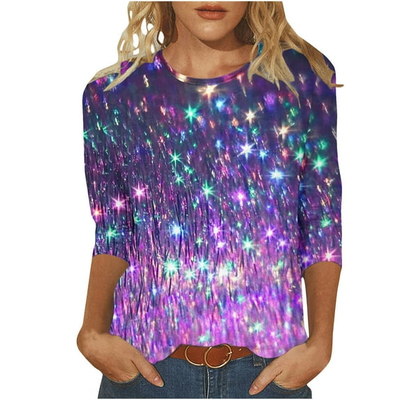 Plus Size 3/4 Sleeve Tops for Womens Fashion Sequins T Shirts Dressy Casual Loose Tunic Tees Blouse