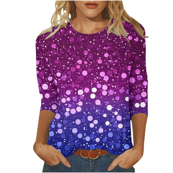 Plus Size 3/4 Sleeve Tops for Womens Fashion Sequins T Shirts Dressy Casual Loose Tunic Tees Blouse