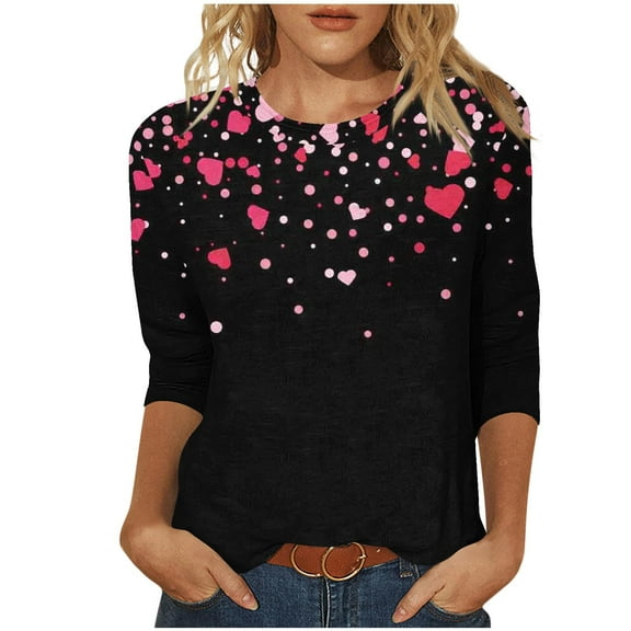 Plus Size 3/4 Sleeve Tops for Womens Valentines Trendy Tshirts Casual Basic Crewneck T Shirt Outfit