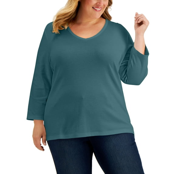Plus Size 3/4-Sleeve V-Neck Top Deep Jade 0X