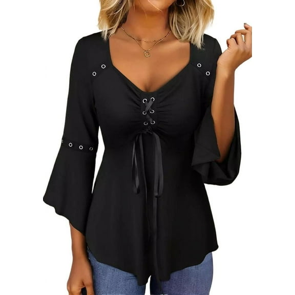 Plus Size 3/4 Sleeve V Neck Top - Grommet Eyelet Lace Up - Women's Clothing