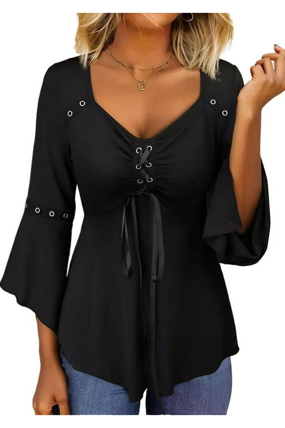 Plus Size 3/4 Sleeve V Neck Top - Grommet Eyelet Lace Up - Women's Clothing
