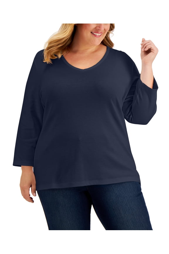Plus Size 3/4-Sleeve V-Neck Top Intrepid Blue 0X