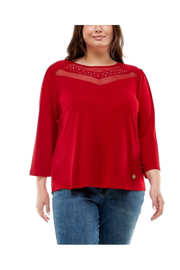 Plus Size 3/4 Sleeve With Mesh Rhinestones Top Jester Red 2X