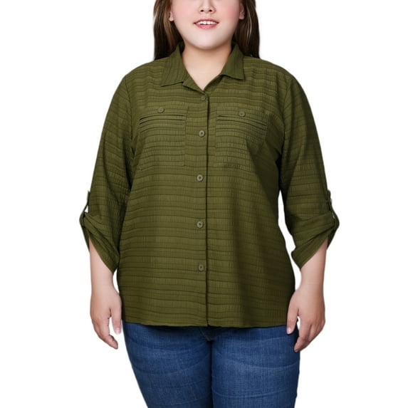 Plus Size 3/4 Sleeve Woven Jacquard Blouse