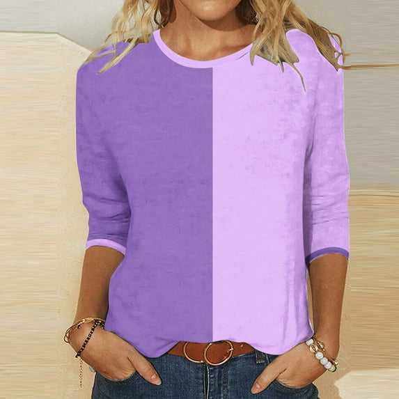 Plus Size 3/4 T Shirts for Women - Floral Print Crew Neck Tee Shirts Summer Spring Fall Casual Tshirts (XL, Purple)