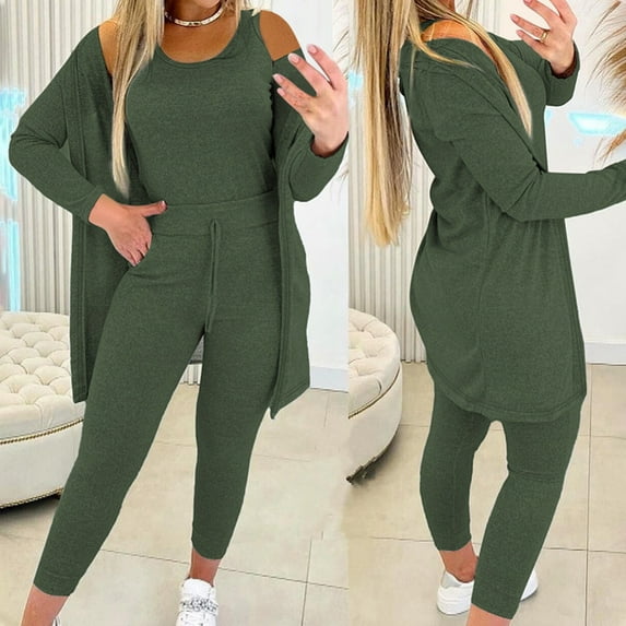 Plus Size 2 Piece Outfits for Women,Women Two Piece Set 3Pc Solid Color Tank Top Long Sleeve Coat Elastic Waist Long Pants Sets