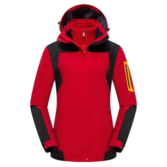 Plus Size 3 in 1 Women’s Ski Coat Detachable Sherpa Fleece Inner Hooded Wind Rain Jacket Loose Comfort for Mountain Climbing Cold Weather Red 3XL