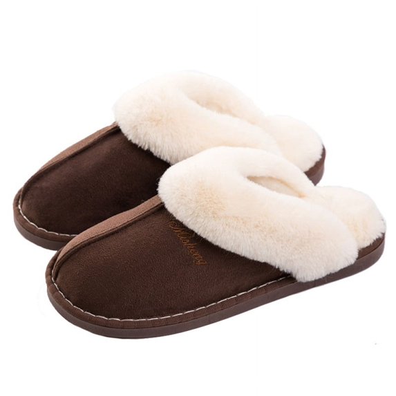 Plus Size 36-47 Women Slippers Furry Winter Warm Home Shoes Men Couples house floor slides Slip On Footwear Comfortable soft (Dark Brown9008,42-43)