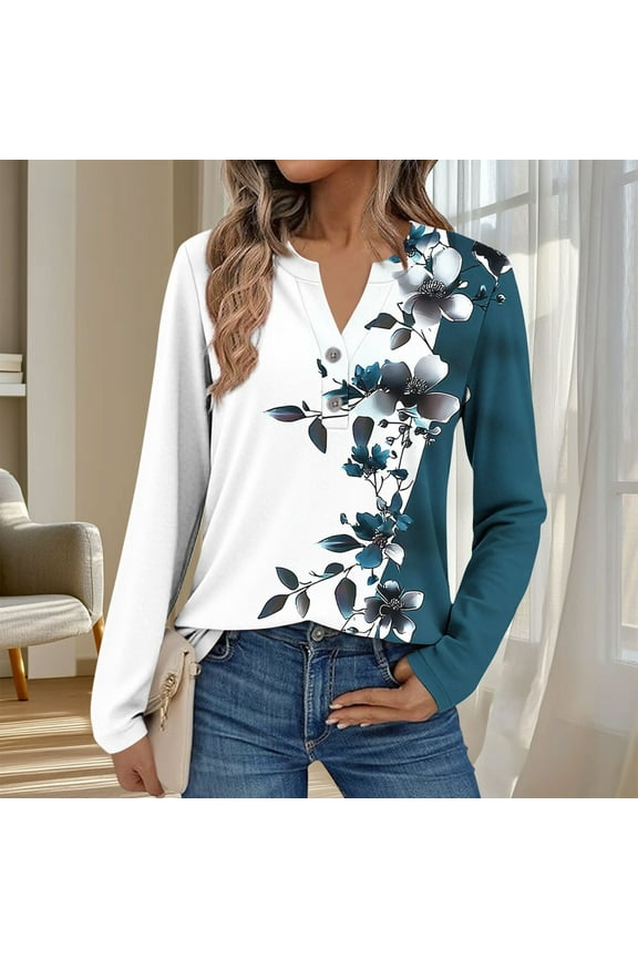Plus Size 3X Women's Casual Long Sleeve V-Neck Tops with Printed Button in Cream Ivory Colors​​ Blouse