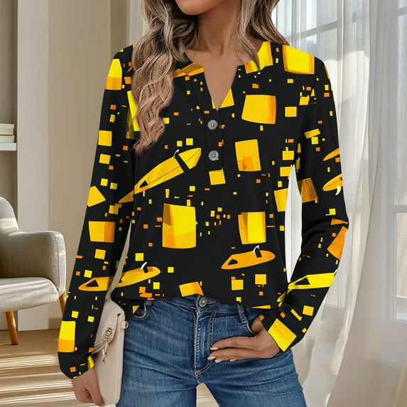 Plus Size 3X Women's Casual Long Sleeve V-Neck Tops with Printed Button in Cream Ivory Colors Blouse