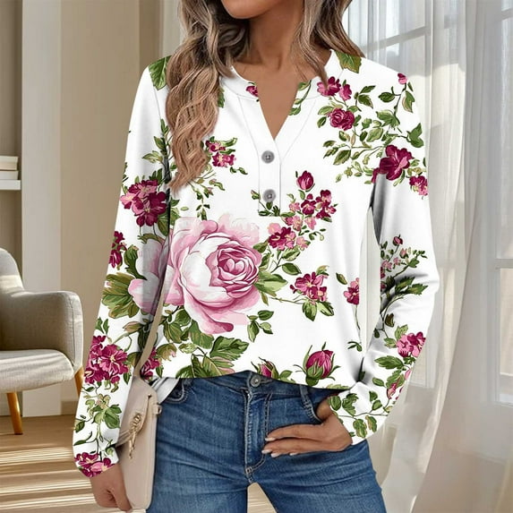 Plus Size 3X Women's Casual Long Sleeve V-Neck Tops with Printed Button in Cream Ivory Colors Blouse