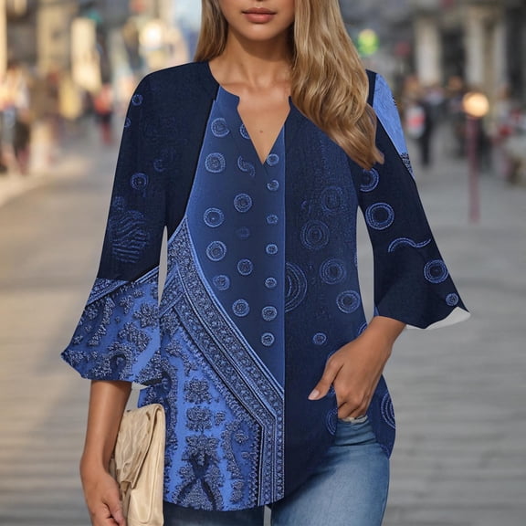 Plus Size 3xl Wmens Shirts Graphic Spring and Spring Fashion Women Printing 3/4 Sleeves Flare Sleeve T-Shirt Pullover V-Neck Blouse Long Sleeve Blue M