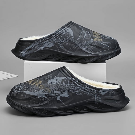 Plus Size 47 Men Slippers Winter Cotton Slippers Men's Thick-soled Feces-slip Non-slip Warm Cotton Shoes for Home Wear Slides (6700blk,42-43)