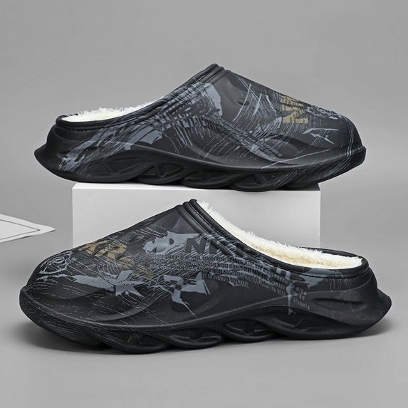 Plus Size 47 Men Slippers Winter Cotton Slippers Men's Thick-soled Feces-slip Non-slip Warm Cotton Shoes for Home Wear Slides (6700blk,44-45)