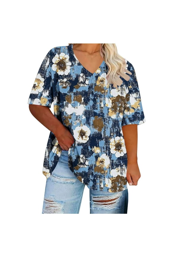 Plus Size 4X Women's Short Sleeve Tops Sale Under $10 Free Shipping Summer Casual Loose Print Blouse