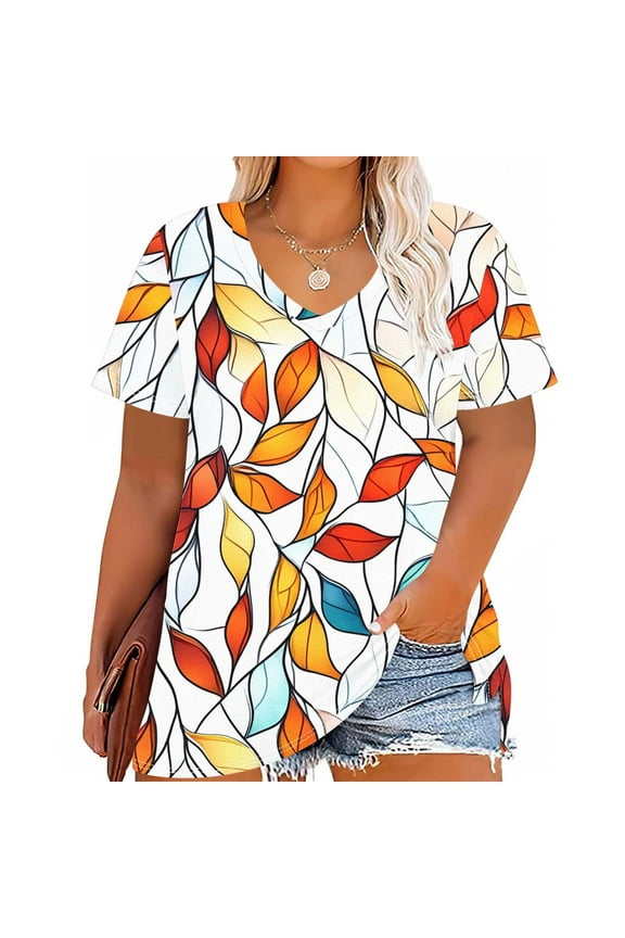 Plus Size 4X Women's Summer Short Sleeve Tops Under $10 Free Shipping Casual Loose Flower Print Blouses