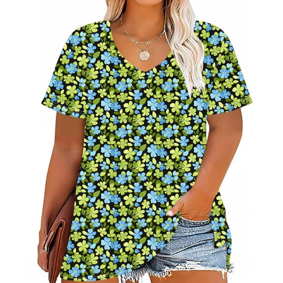 Plus Size 4X Women's Short Sleeve Tops Sale Under $10 Free Shipping Summer Casual Loose Print Blouse