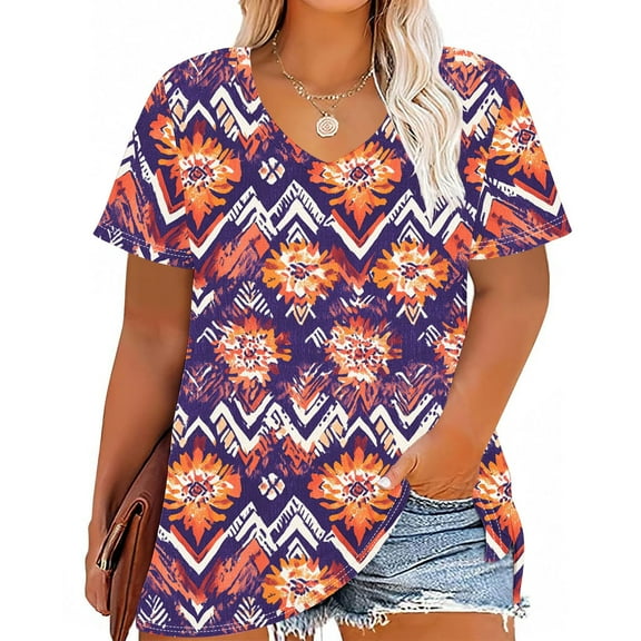 Plus Size 4X Women's Short Sleeve Tops Sale Under $10 Free Shipping Summer Casual Loose Print Blouse