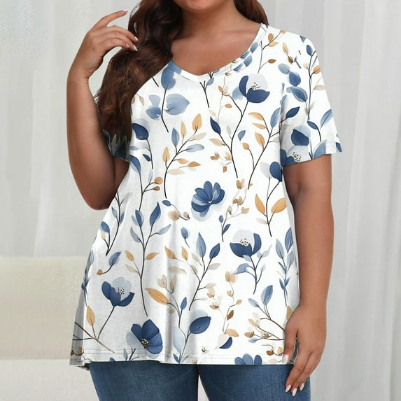 Plus Size 4X Women's Short Sleeve Tops Sale Under $10 Summer Casual Loose Print Blouse