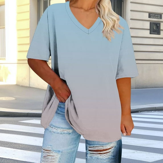 Plus Size 4X Women's Short Sleeve Tops Sale Under $10 Free Shipping Summer Casual Loose Gradient Blouse