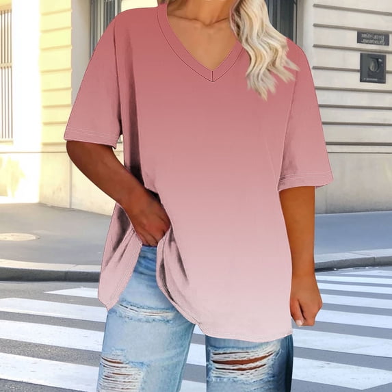 Plus Size 4X Women's Short Sleeve Tops Sale Under $10 Free Shipping Summer Casual Loose Gradient Blouse