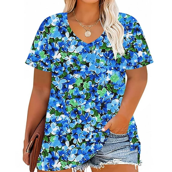 Plus Size 4X Women's Short Sleeve Tops Sale Under $10 Free Shipping Summer Casual Loose Print Blouse