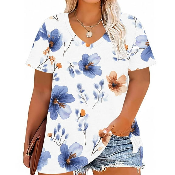 Plus Size 4X Women's Short Sleeve Tops Sale Under $10 Summer Casual Loose Print Blouse