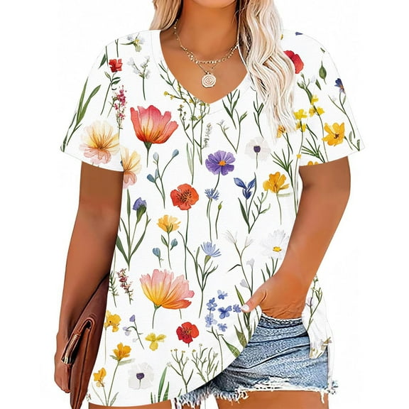 Plus Size 4X Women's Short Sleeve Tops Sale Under $10 Summer Casual Loose Print Blouse