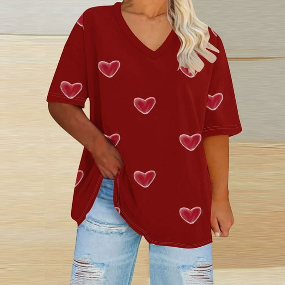 Plus Size 4X Women's Summer Short Sleeve Tops Under $10 Free Shipping Casual Loose Heart Print Blouses