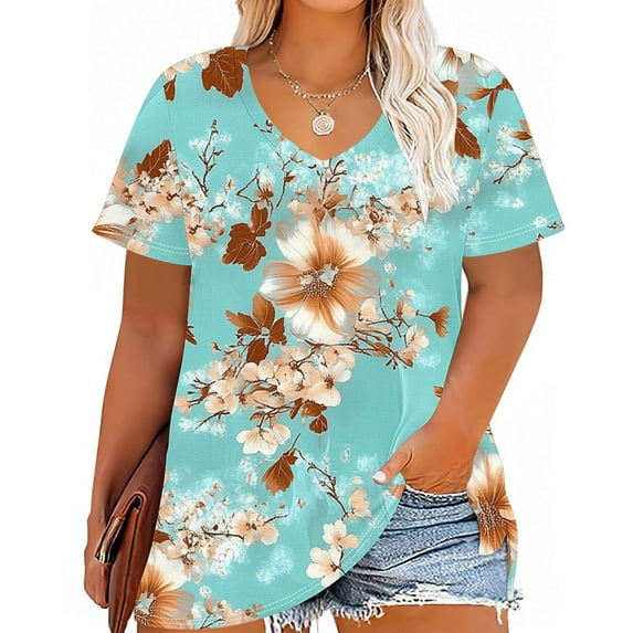 Plus Size 4X Women's Summer Short Sleeve Tops Under $10 V Neck Casual Loose Print Blouses