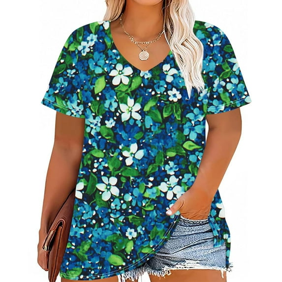 Plus Size 4X Women's Summer Short Sleeve Tops Under $5 V Neck Casual Loose Print Blouses