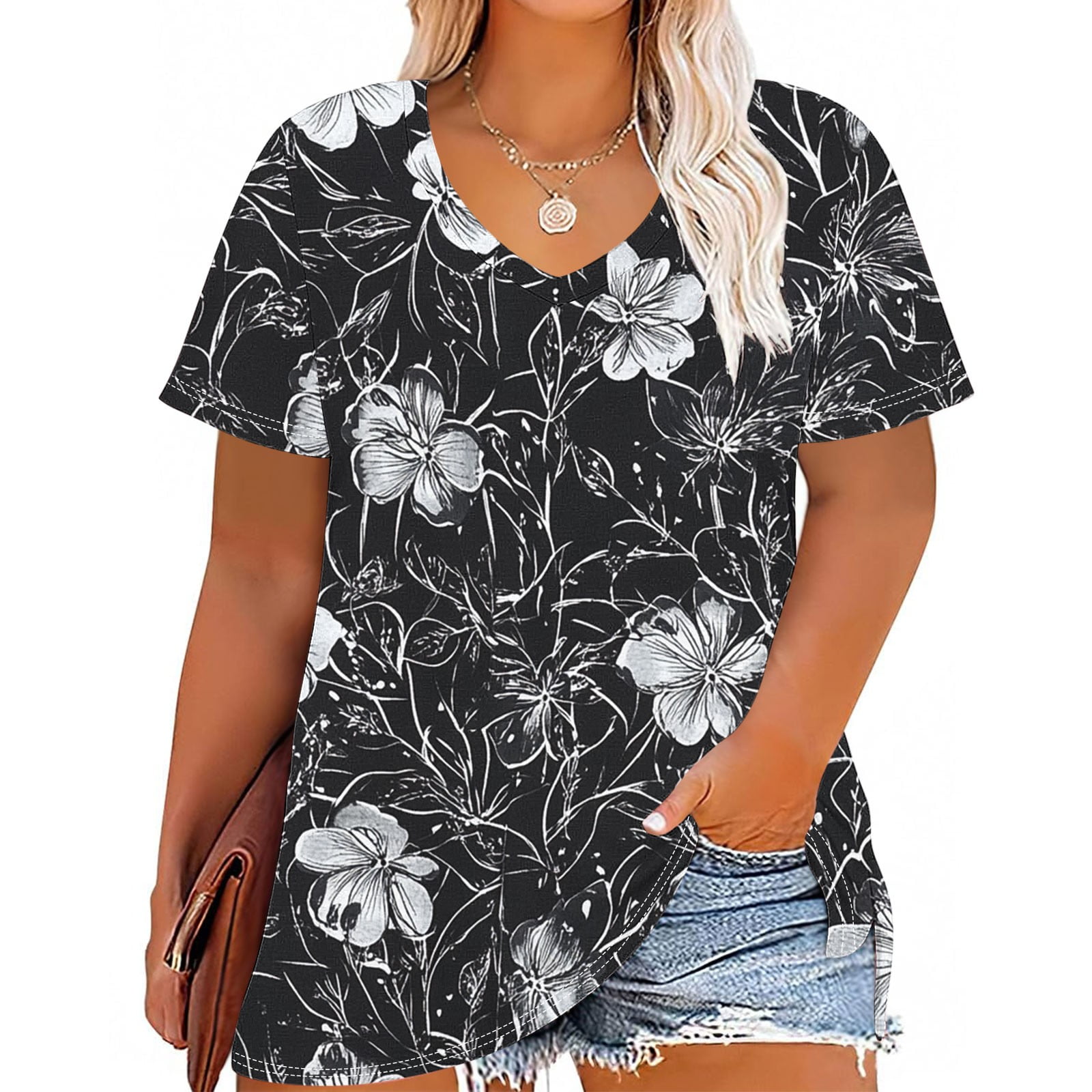 Plus Size 4X Women's Summer Short Sleeve Tops Under $5 V Neck Casual ...