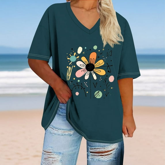 Plus Size 4X Women's V-Neck Short Sleeve T-Shirt Print Casual Top Under $10 Loose Fit Tee