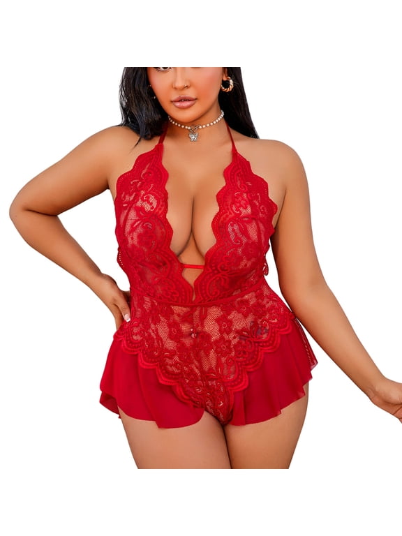 Plus Size Women's Halter Neck Lace Babydoll Nightgown Deep V-Neck Chemise Bodysuit Night Dress Red 4XL 1-Piece