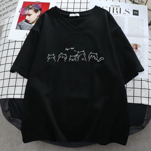 Plus Size 6XL 150KG Women's T-shirts Harajuku Big Size Tops Cat Printed O Neck Short Sleeves Loose Summer Kawaii Tshirt