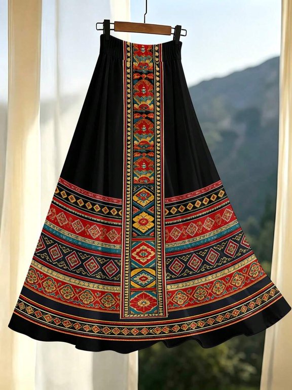 Plus Size A-Line Long Maxi Skirt, Multicolor Ethnic Print, Elastic Waist