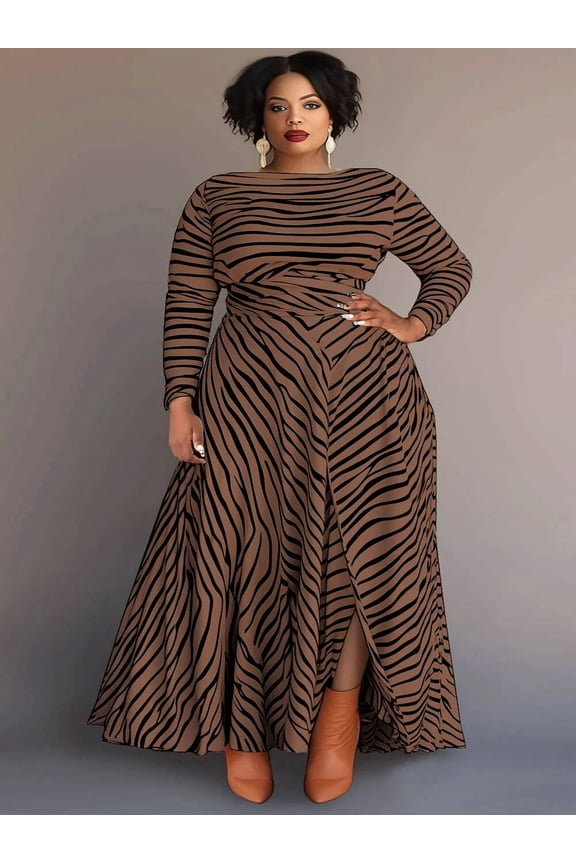 Plus Size Abstract Animal Print Maxi Dress, Boat Neck Long Sleeve Flared Hem Side Slit Formal Evening Gown