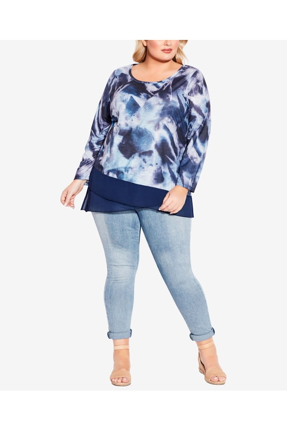 Plus Size Abstract Chiffon Trim Top Tri Blue 5X