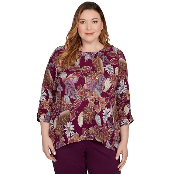 Alfred Dunner Womens Plus-Size Batik Floral Melange Printed Top