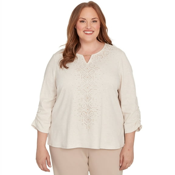 Alfred Dunner Womens Plus-Size Center Embellished V-Neck Top