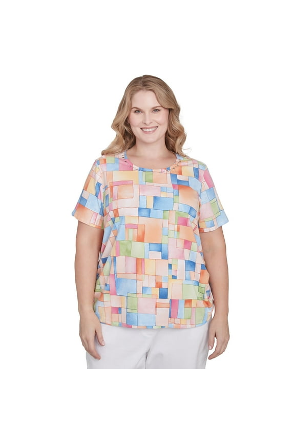 Womens Plus-Size Color Block Tile Top With Side Ruching