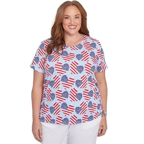 Alfred Dunner Womens Plus-Size Flag Heart Top With Side Ruching