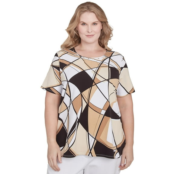 Alfred Dunner Womens Plus-Size Geometric Top With Detailed Neckline