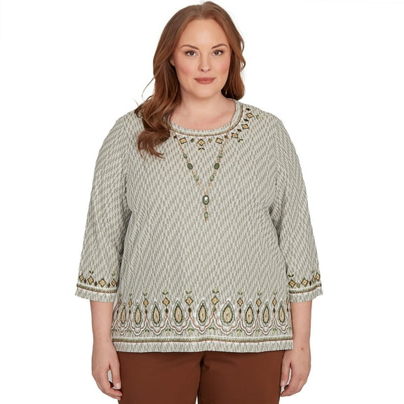 Alfred Dunner Womens Plus-Size Textured Medallion Bordered Top With Necklace