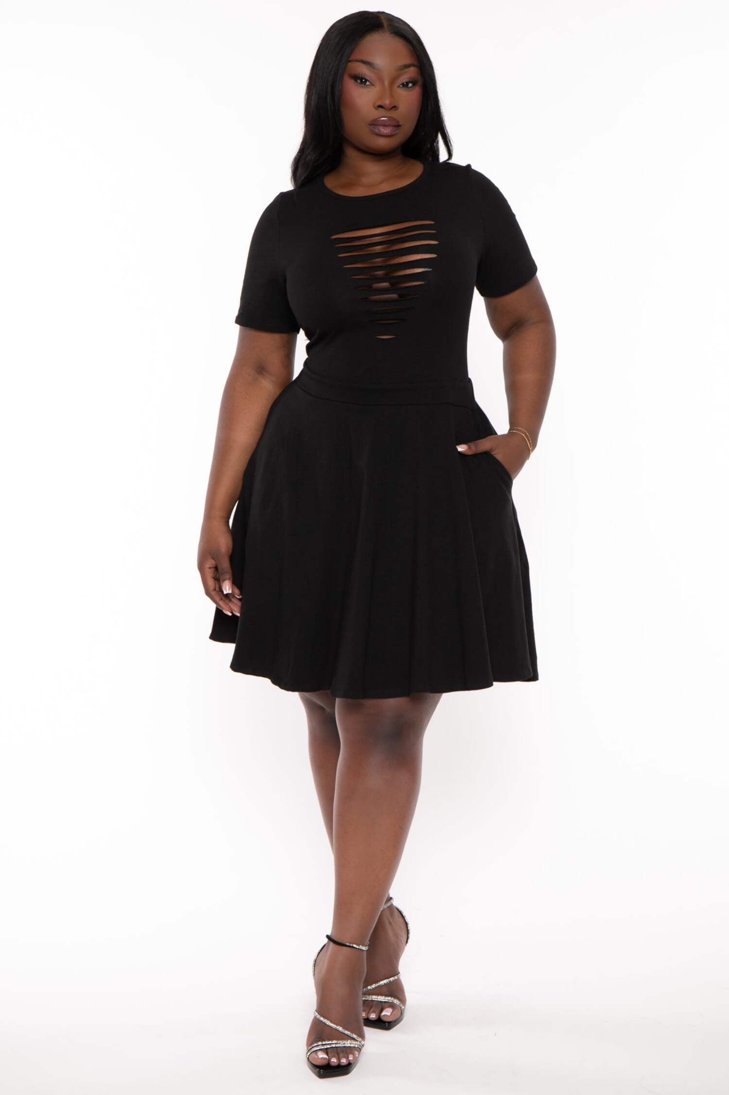 green emerald velvet dress Women's Plus Size Amaira Destructed Flare Dress - Black main image 1