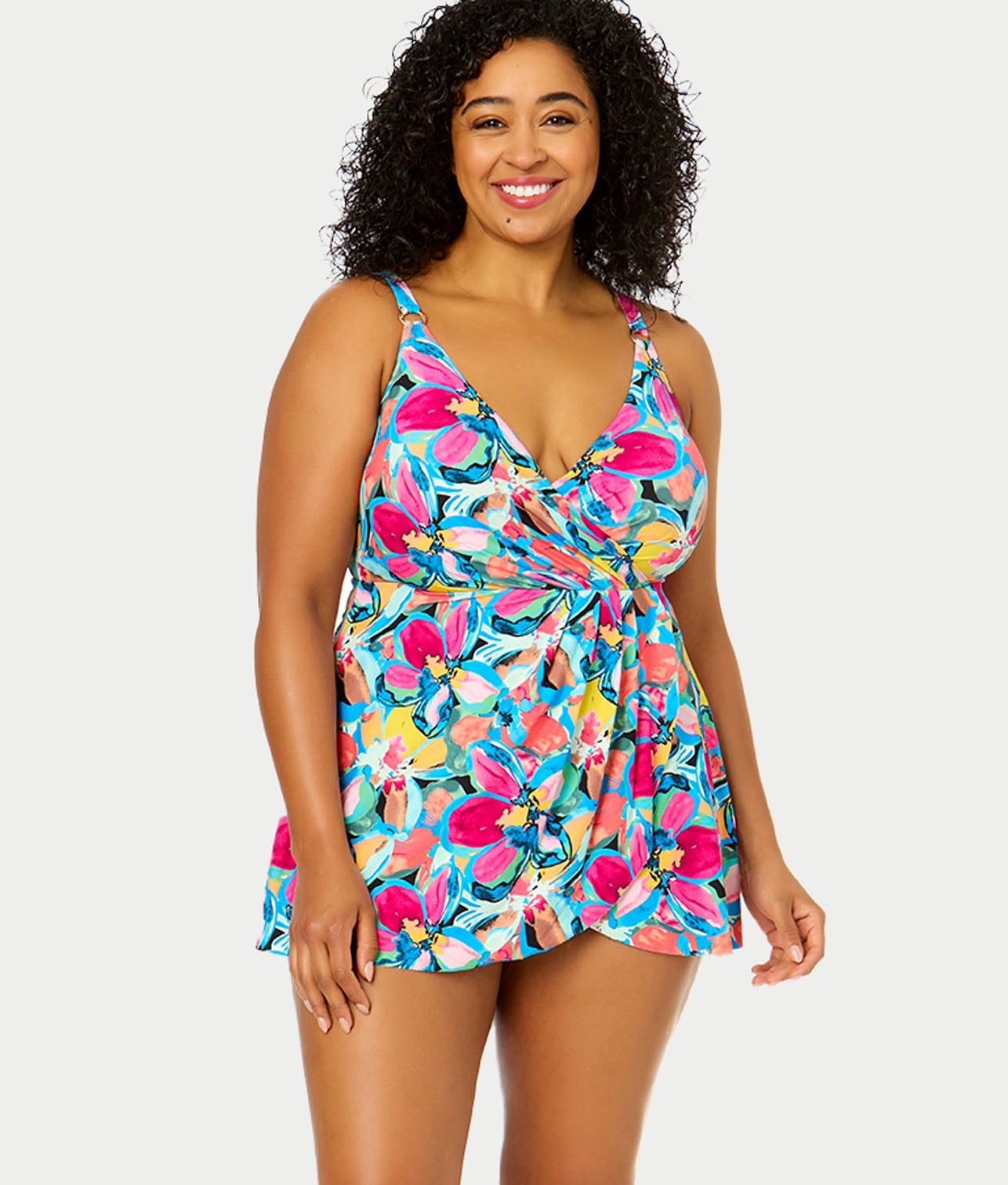 Plus Size Botanical Print Surplice Neck Two-Piece Swim Set