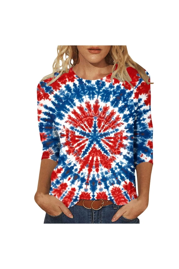 Plus Size American Flag Shirt Women 3/4 Sleeve Crewneck Tunic Tops Fashion Tie-Dye USA Flag Star Stripes T-Shirts Dressy Casual Memorial Day Tee Shirts Independence Day Patriotic Blouses Clothes