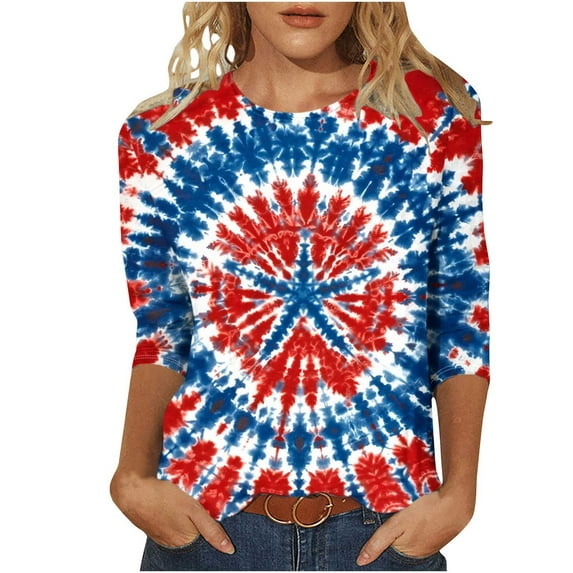 Plus Size American Flag Shirt Women 3/4 Sleeve Crewneck Tunic Tops Fashion Tie-Dye USA Flag Star Stripes T-Shirts Dressy Casual Memorial Day Tee Shirts Independence Day Patriotic Blouses Clothes